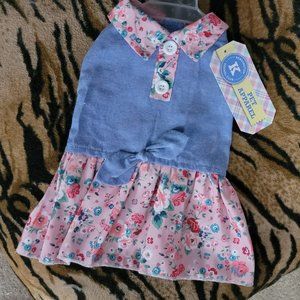 Pet Dress Dog or Cat Pink w/ Flowers Denim look med ea. New w/ Tag!